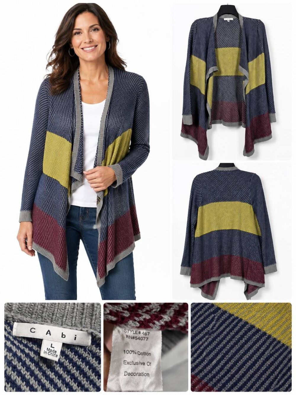 CAbi Size L Colorblock Draped Open Front Cardigan